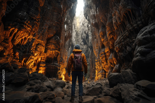 A person exploring an underground cave system, discovering geological wonders and hidden formations. Concept of adventure and underground exploration. Generative Ai.
