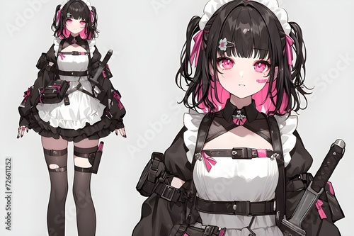 cheerful cute young woman Fighter maid style character design White background, maid, characters, Generative AI