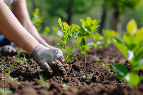 Community members planting trees in a local park, contributing to urban reforestation. Concept of community involvement in environmental preservation. Generative Ai.