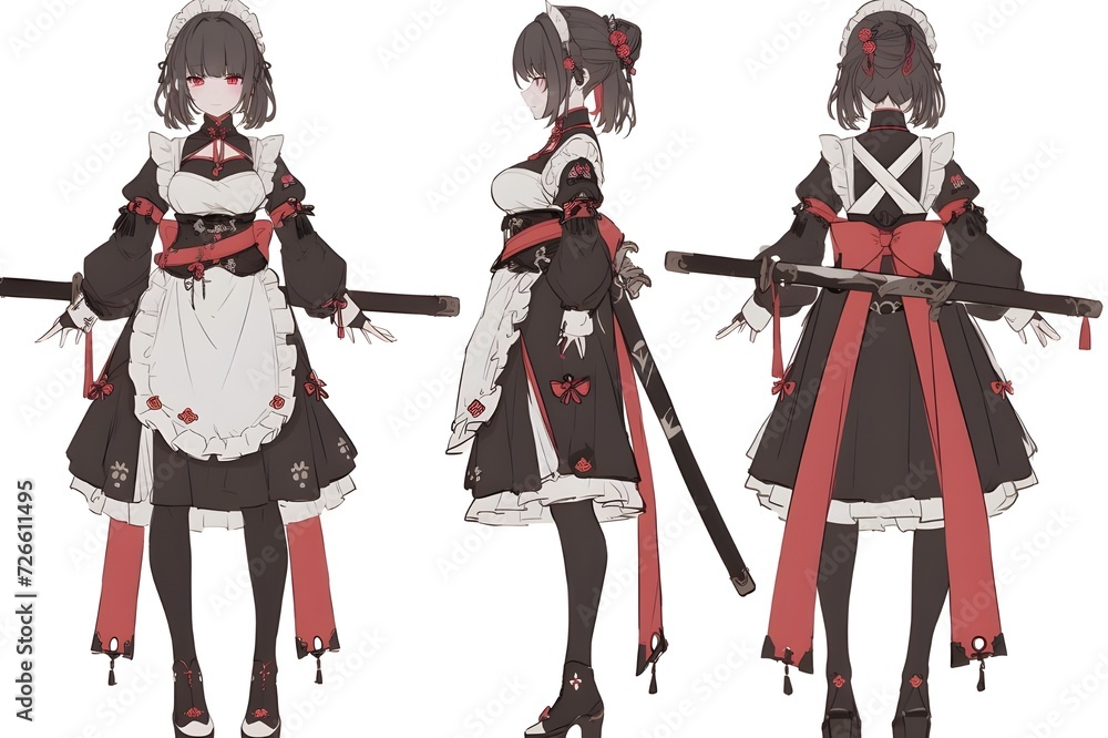 cheerful cute young woman Fighter maid style character design White background, maid, characters, Generative AI