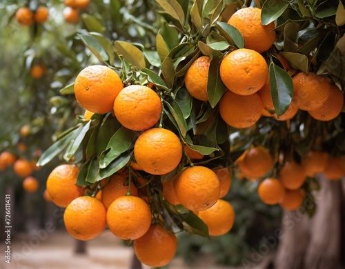 Bunch of fresh ripe oranges hanging on a tree in orange garden. Details of Spain