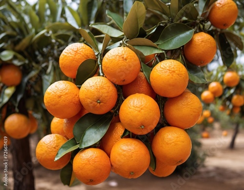 Bunch of fresh ripe oranges hanging on a tree in orange garden. Details of Spain