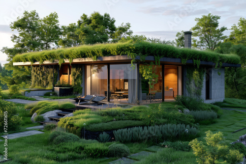 An eco-friendly home design with green roofing and natural ventilation, showcasing sustainable architecture. Concept of green building and eco-friendly design. Generative Ai.