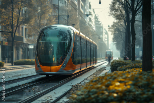 A public transportation system powered by clean energy, reducing urban pollution. Concept of sustainable urban planning and public transport. Generative Ai.