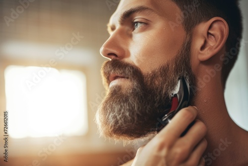 A man using an electric razor to shave his beard. Suitable for grooming and personal care concepts photo