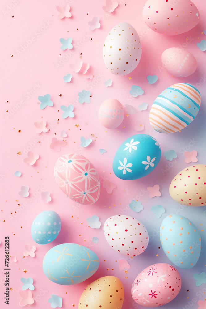 Illustration for Easter celebration with easter eggs decorated on a flat lay pastel color background