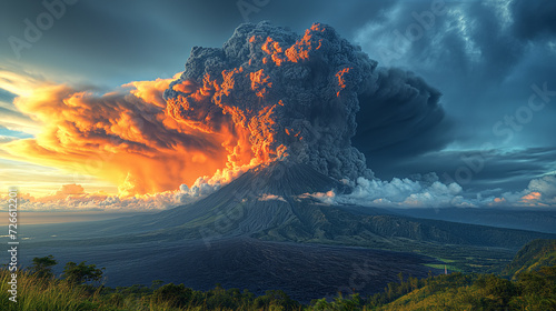 16:9 The volcano erupted releasing large clouds of black smoke and charcoal into the sky. photo