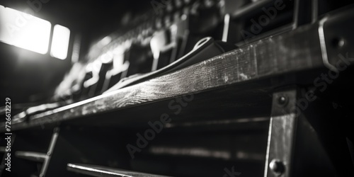 A black and white photo of a baseball stadium bench. Suitable for sports-related projects or nostalgia-themed designs