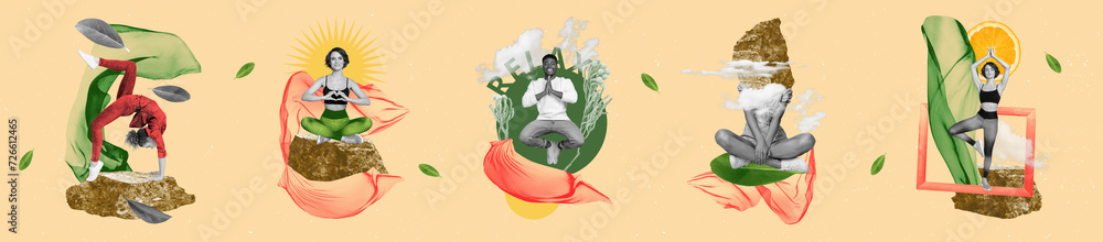 Panorama illustration collage collection of young girl and man sitting lotus stretching in contact with nature over beige background