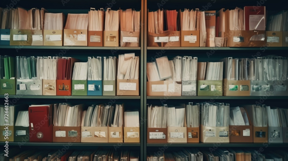 A book shelf filled with lots of folders. This image can be used to depict organization, paperwork, or office management - obrazy, fototapety, plakaty 