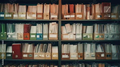A book shelf filled with lots of folders. This image can be used to depict organization, paperwork, or office management photo
