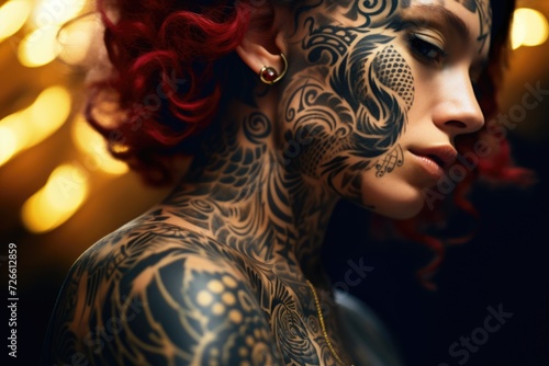 A woman with tattoos on her face and neck. This image can be used to showcase unique and bold personal style