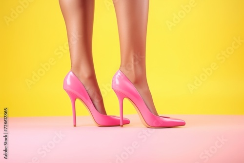 Woman's legs wearing pink high heels. Suitable for fashion and footwear related designs