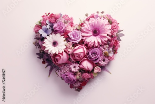 A beautiful heart-shaped arrangement of flowers on a clean white surface. Perfect for expressing love and affection. Ideal for wedding invitations, Valentine's Day cards, and romantic themed projects