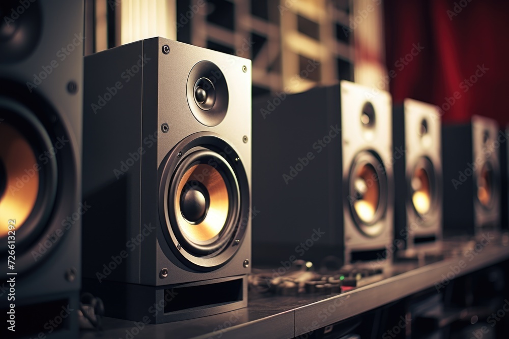 A group of speakers sitting on top of a shelf. Perfect for illustrating audio equipment or technology A group of speakers sitting on top of a shelf. Perfect for illustrating audio equipment or technology