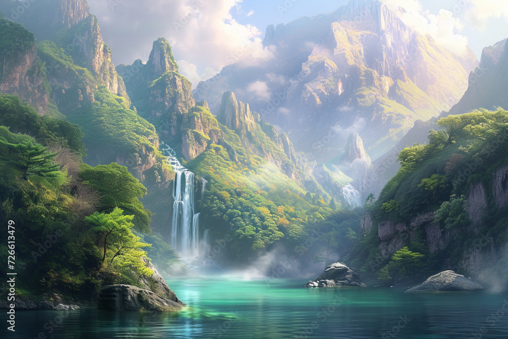 Landscapes painting with water and mountains.