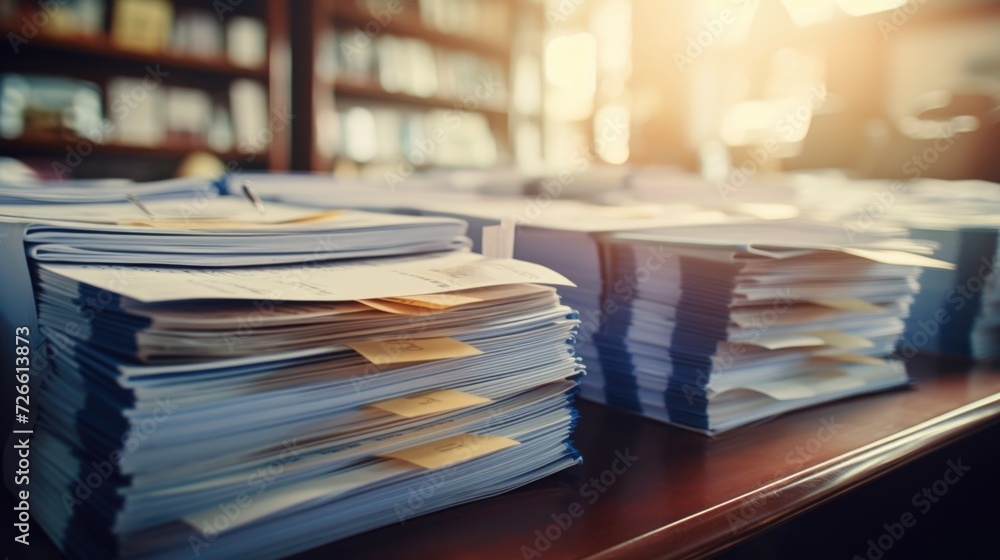 A stack of papers neatly arranged on a wooden table. Suitable for business, office, or education-related projects A stack of papers neatly arranged on a wooden table. Suitable for business, office, or education-related projects