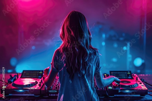 Charismatic DJ girl at the turntable. DJ plays on the best, famous CD players at nightclub during party. EDM, party concept