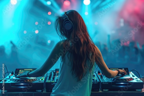 Charismatic DJ girl at the turntable. DJ plays on the best, famous CD players at nightclub during party. EDM, party concept