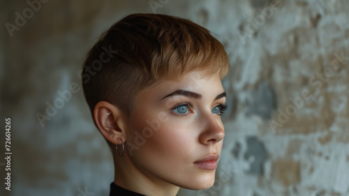 An asymmetrical haircut  showcasing individual style and the beauty of nonconformity. Concept of personal expression and unique beauty standards. Generative Ai.