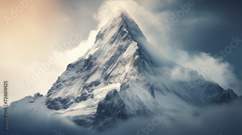 landscape view of the cold snowy mountains with lots of clouds covering them. Ai generate.