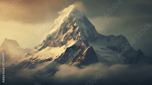 landscape view of the cold snowy mountains with lots of clouds covering them. evening. Ai generate.