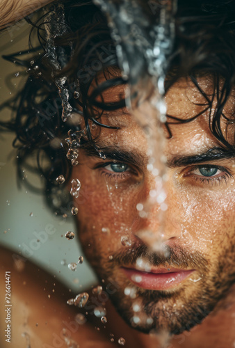 Intense Look Under Running Water. A man with a deep gaze showering, water cascading down his face. © AI Visual Vault