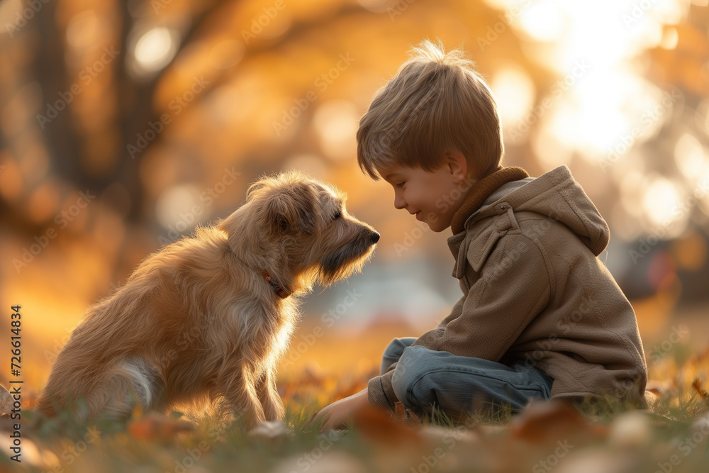 Enfant avec son chien dans la nature en automne - amitié entre un chien et un enfant Enfant avec son chien dans la nature en automne - amitié entre un chien et un enfant