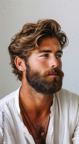 Smiling Bearded Man in Natural Light. A bearded man with a captivating smile, bathed in soft natural light.