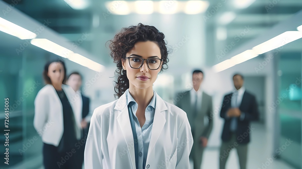 Portrait of a gorgeous young woman scientist wearing white coat and glasses in modern Medical Science Laboratory. Portrait of a gorgeous young woman scientist wearing white coat and glasses in modern Medical Science Laboratory.