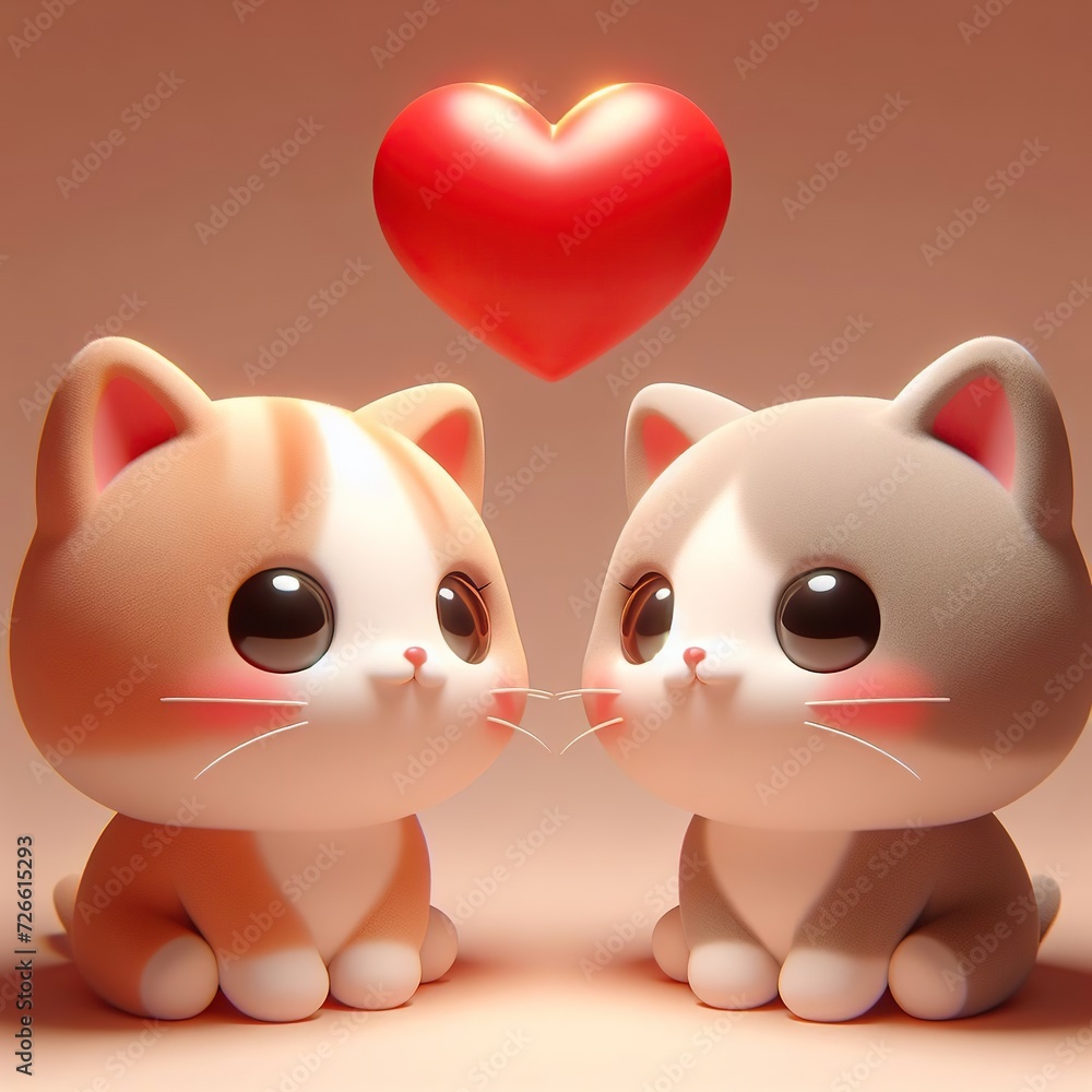 adorable cartoon light gray and light pink kittens, white paws, big eyes, big heart, Valentine's Day, neutral pink background, 3D adorable cartoon light gray and light pink kittens, white paws, big eyes, big heart, Valentine's Day, neutral pink background, 3D