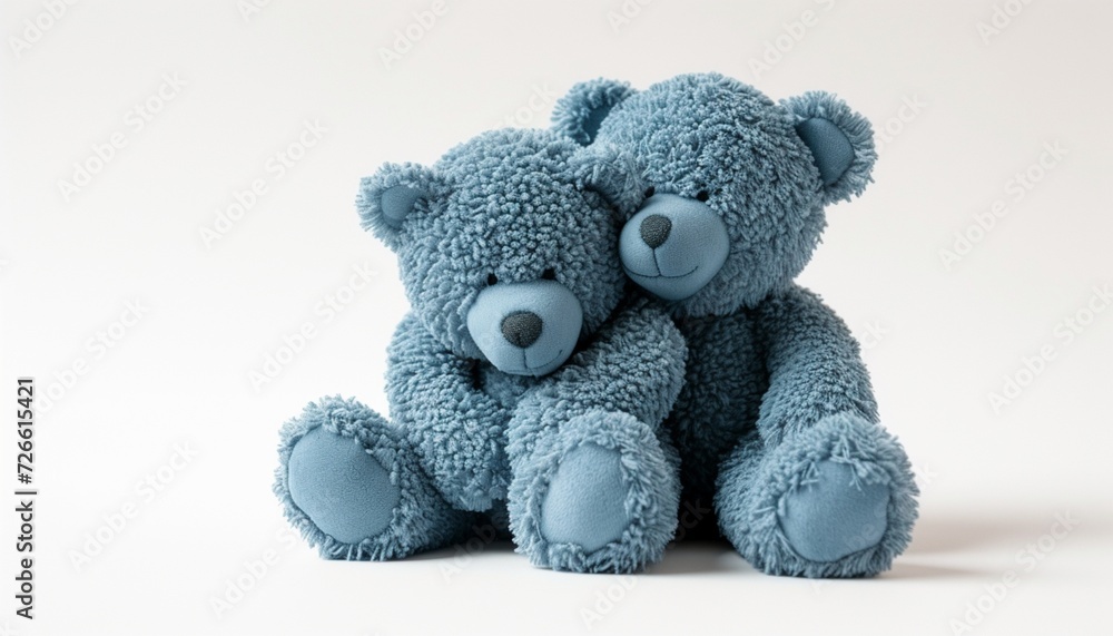 A pair of blue teddy bears embracing, their adorable presence against a spotless white background symbolizing love and companionship