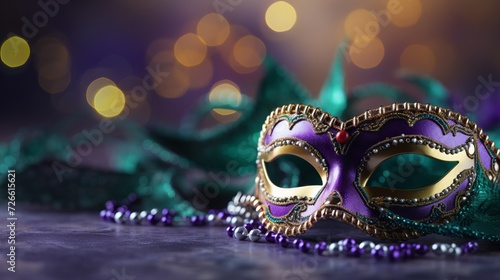 Mardi gras carnival mask and beads on purple and green gradient background with free copy space
