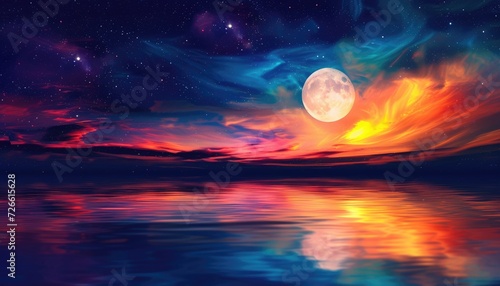 Abstract colourful night river landscape with moon and clouds  colourful abstract background