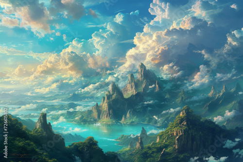 A painting of mountains, islands and clouds in the sky.