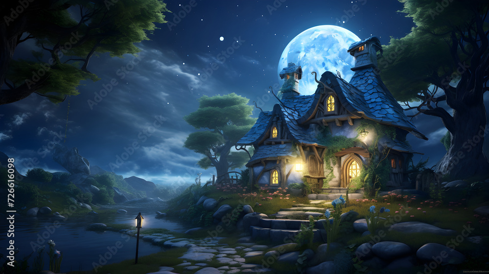 Nighttime scene of a house in the woods with a full moon,,
Nighttime scene of a small cabin in a forest with a full moon