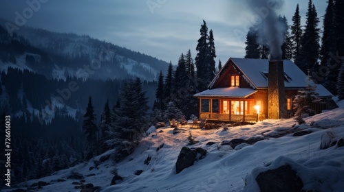 Cozy wooden house in the mountains in winter. Neural network AI generated art