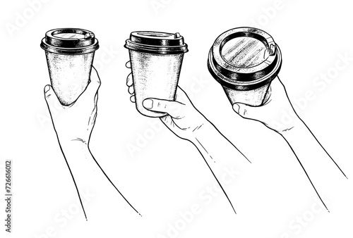 Vector hand drawn sketchy illustration set of hands holding disposable paper coffee takeaway cup