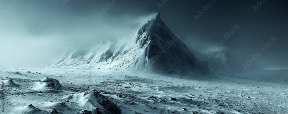 mountain landscape in the high alps with peak and glacier, stormy weather, wind, dark and dangerous, alpinists and hikers paradise