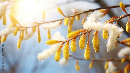 Willow branch with catkins in forest, blurred background, sunny weather, symbol of easter holiday photo