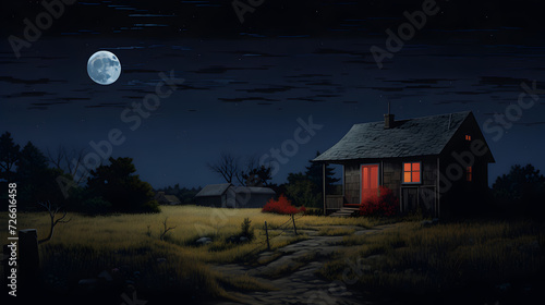 haunted house in the woods,,
a small wooden house in the middle of a field at night