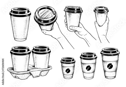 Vector hand drawn sketchy illustrations set of takeaway coffee and hands holding disposable paper cups