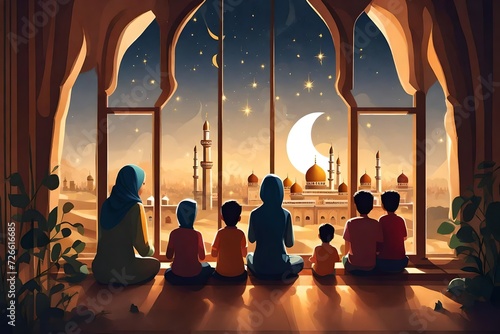 Ramadan Kareem greeting. Family at window looking at Islamic city with mosque skyline, crescent moon and stars. Muslim parents and children pray. Mother, father and kids celebrate end of fasting