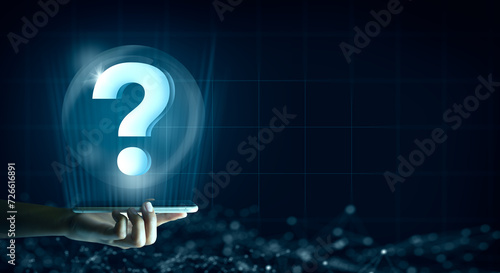 Smart Phone with digital question mark holographic. Abstract Technology background. Q and A discussion. FAQ, Support, Question and Answer. Help service business Concept.