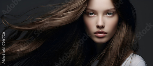 Portrait of a beautiful young female model woman shaking her beautiful hair in motion, shampoo commercial template