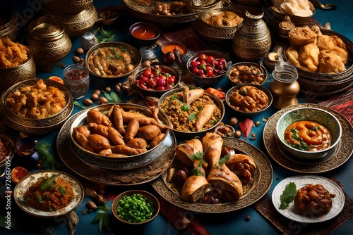 Ramadan kareem Iftar party table with assorted festive traditional Arab dishes