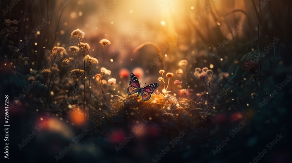 Ethereal butterfly sipping nectar from a flower beneath a vibrant rainbow
