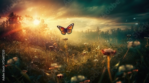 Ethereal butterfly sipping nectar from a flower beneath a vibrant rainbow © Irfanan