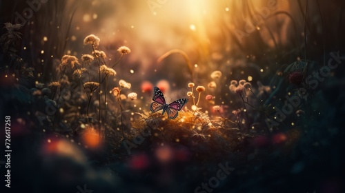 Ethereal butterfly sipping nectar from a flower beneath a vibrant rainbow photo