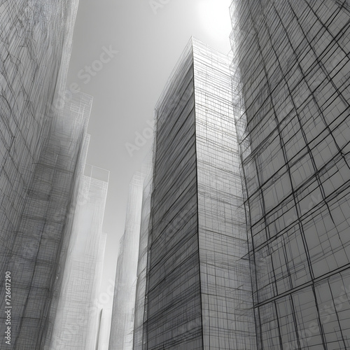 Wireframe city background. perspective 3d render of building wireframe. Graphics of the business city. Abstract. concept of smart or digital city  cityscape in futuristic sketch. Generative Ai